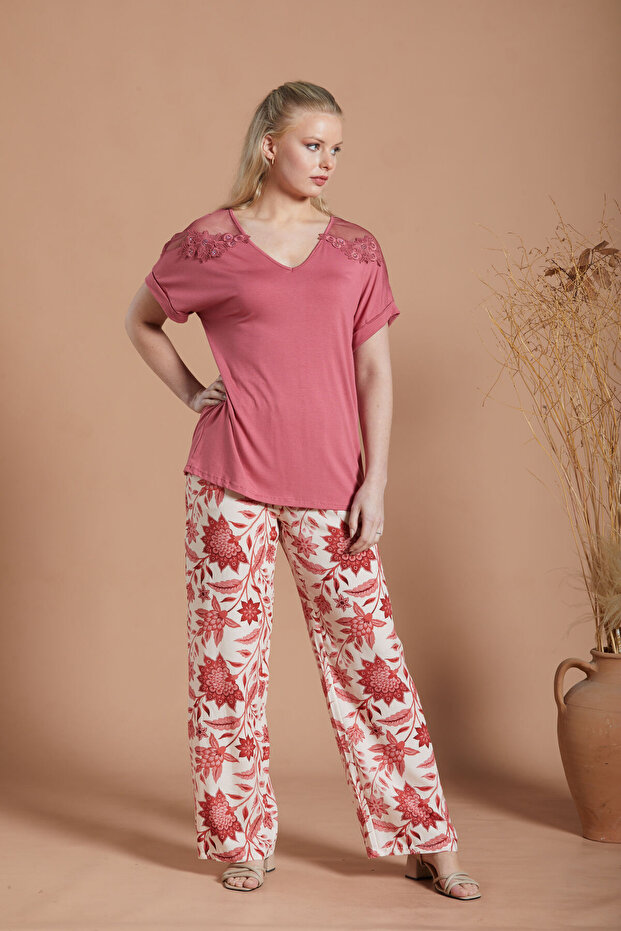 Dusty Rose Colorblouse Knitted Viscose Lycra / Trousers Woven Viscose Without Lycra with Elastic Waistband