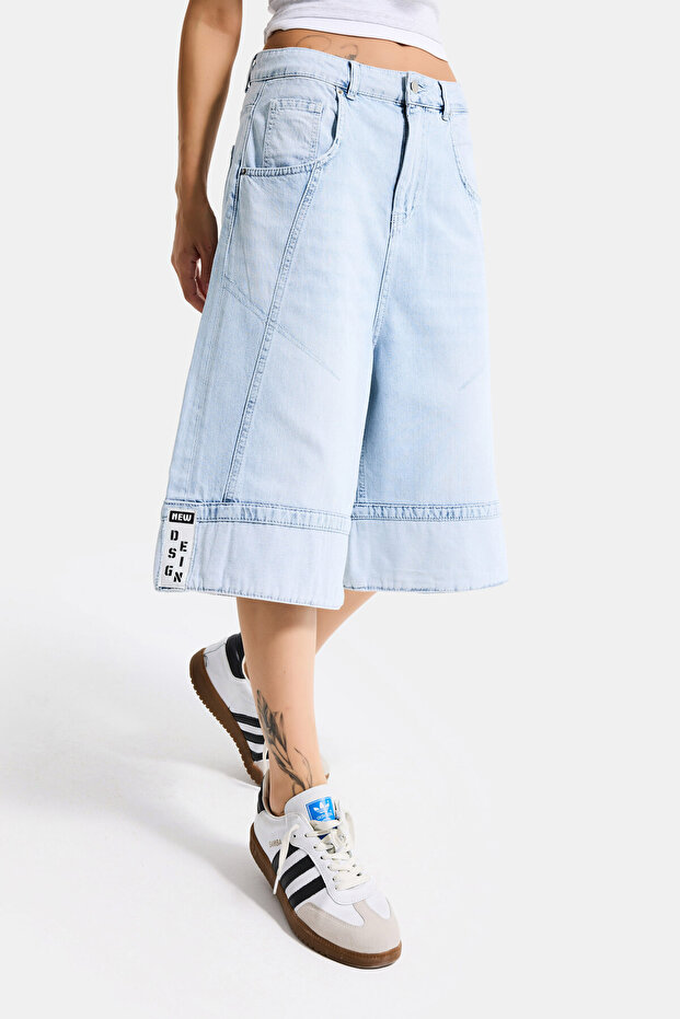 Women's Ice Color 4S6-3 Baggy Fit Maxi Length Special Design Denim Bermuda Shorts