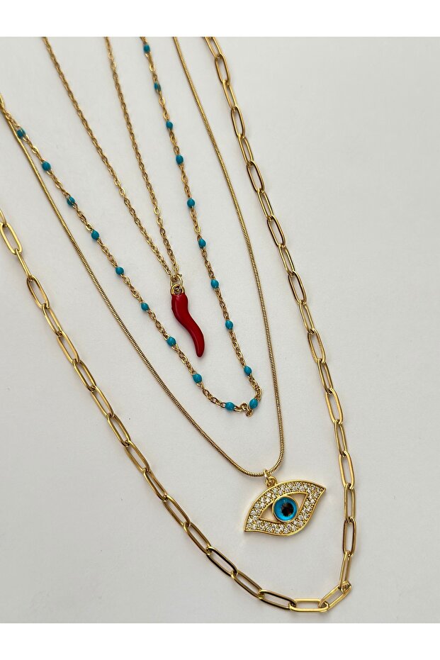 4-piece steel necklace red pepper necklace evil eye necklace paper clip necklace with chain multi-view necklace set