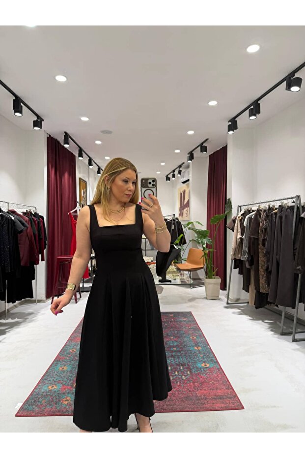 Rochie midi cu guler pătrat - 1