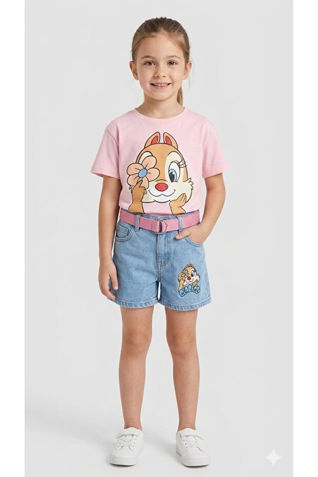 Girl's Denim Shorts with Belt Set Short-Sleeved Set