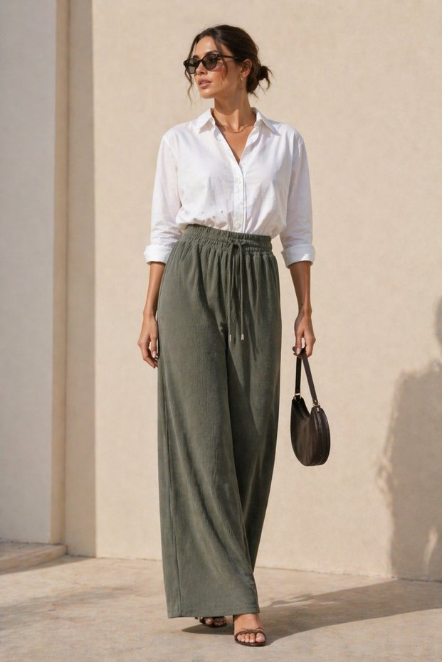 Women's Khaki Corded Wide Leg Trousers with Elastic Waistband