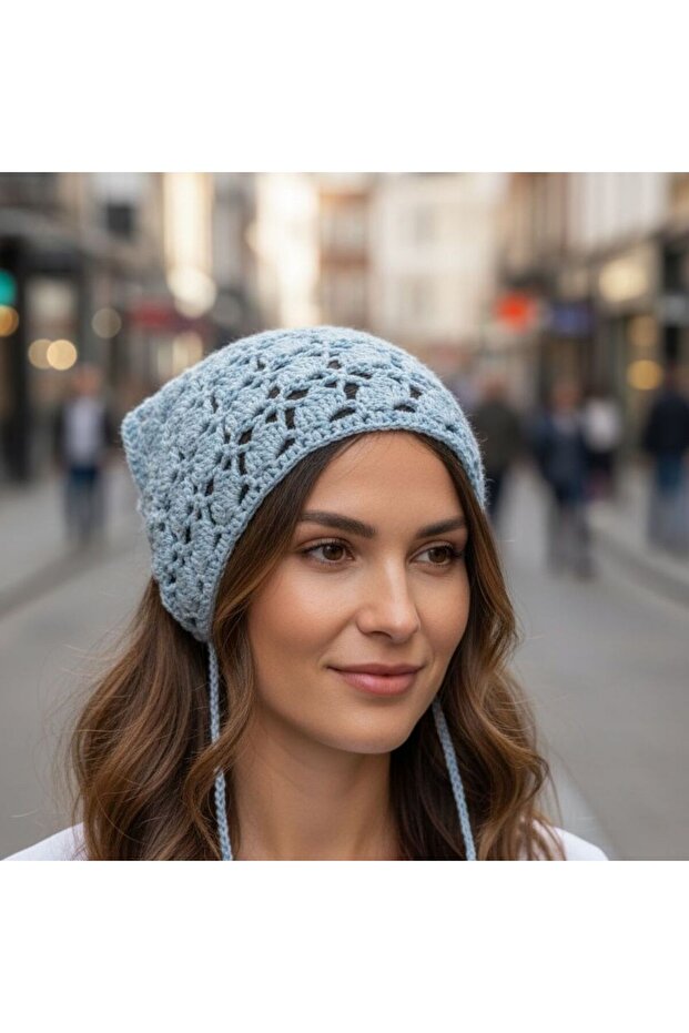 Hand Knitted Lace Patterned Bandana – Light Blue Bohemian Summer Hair Accessory