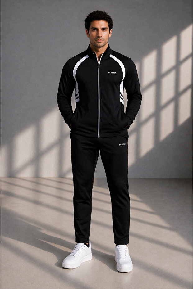 Men's Double Face Fabric Zippered Stand Collar Black and White Tracksuit Set - 7942