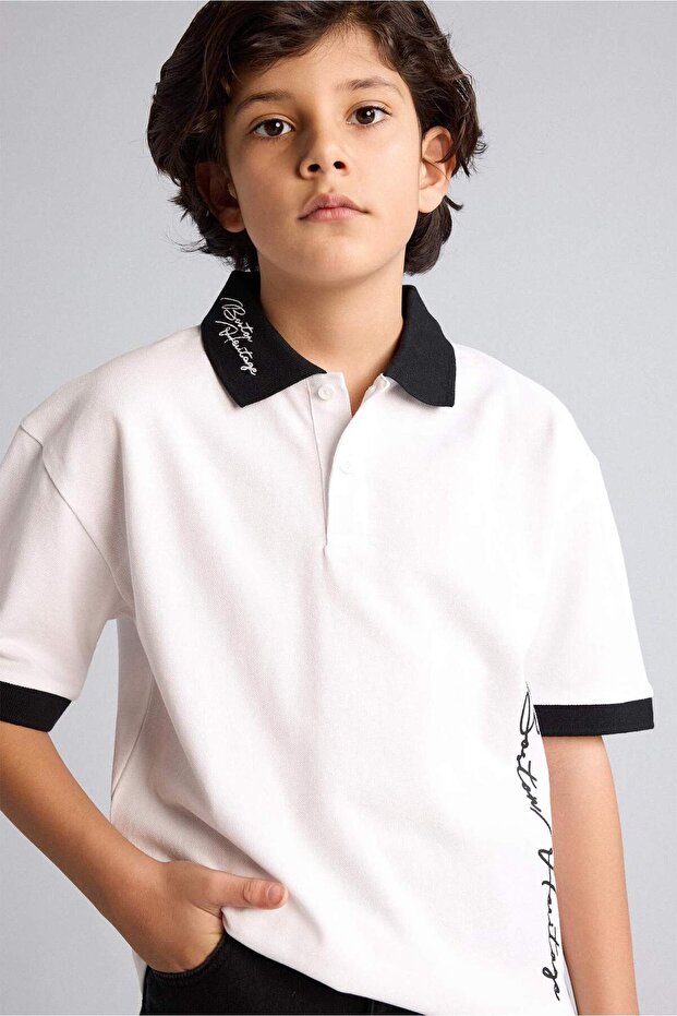 100% Cotton Oversized Pique Short Sleeve Polo T-Shirt for Boys G8669A826Sm