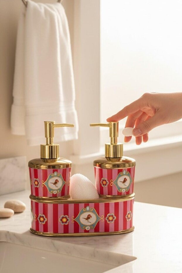 Porcelain Carnival Gold 2-Chamber Liquid Soap Dispenser with Sponge Compartment 351