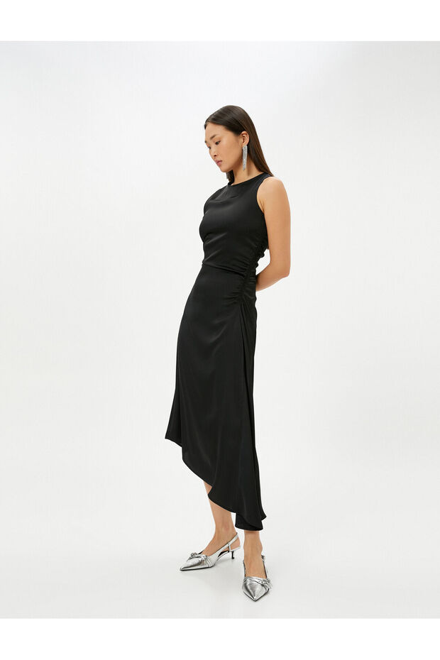 Asymmetrical Cut Midi Dress Sleeveless Draped Detail Round Neckline