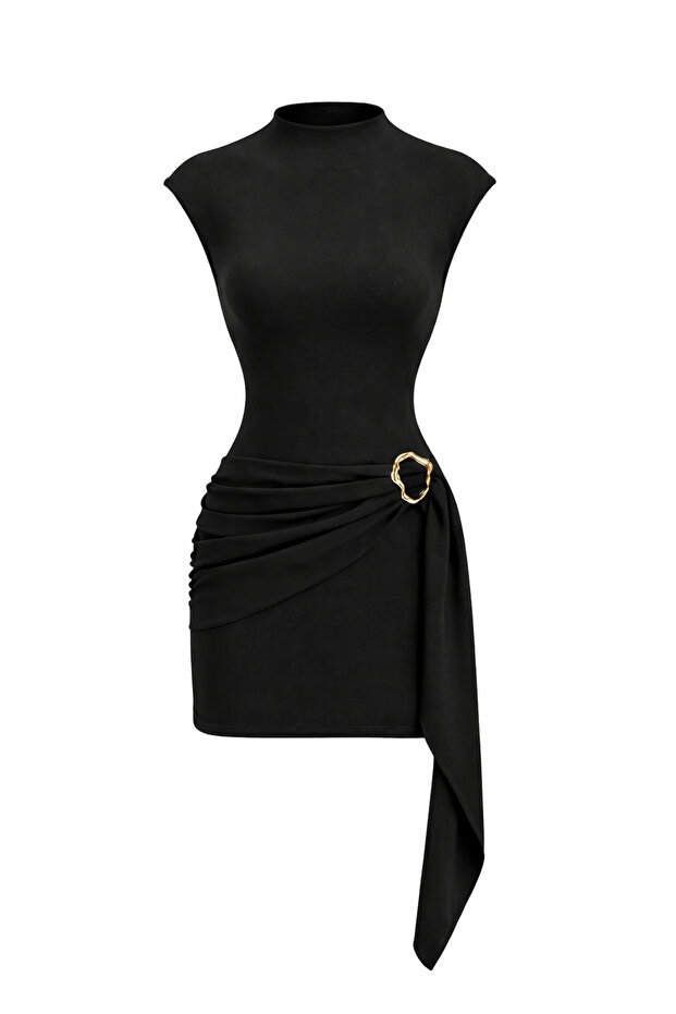 High Collar, Buckle Detailed and Belted Slim Fit Dress - Black -