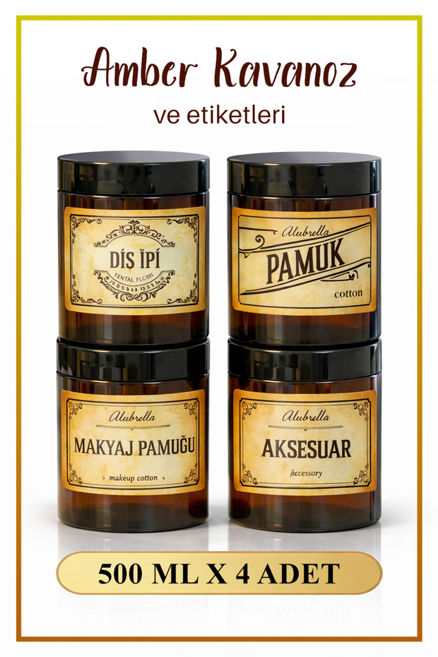 4 Pieces of Amber Jars and Cosmetic Themed Labels