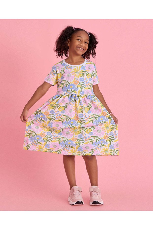 Girls White Floral Printed Dress