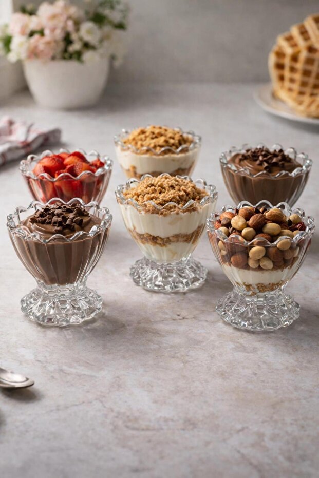 6-Piece Footed Glass Dessert Bowl | Transparent Magnolia, Ice Cream and Snack Presentation Bowl, Candy Bowl