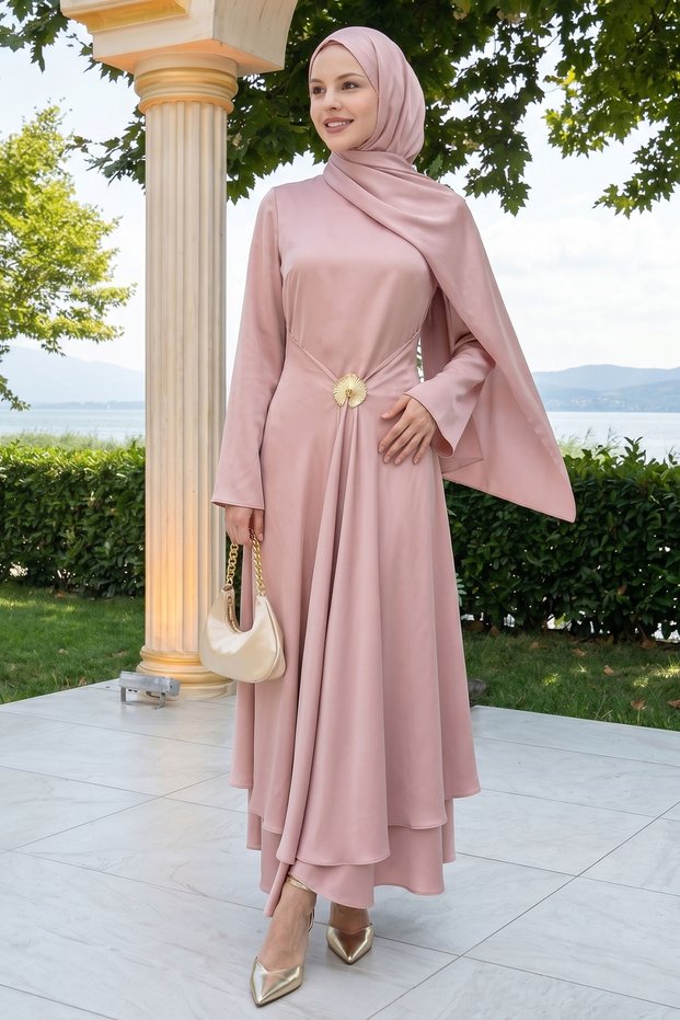 Powder Satin Dress with Allerli Brooch on the Skirt