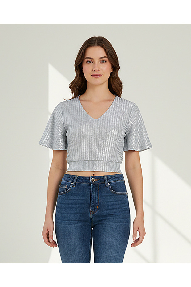 Women Gold Shimmer Short Sleeve Knit Top