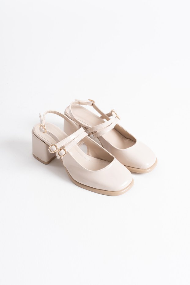 Malmö Premium Beige Patent Leather Women's Thick Heeled Shoes