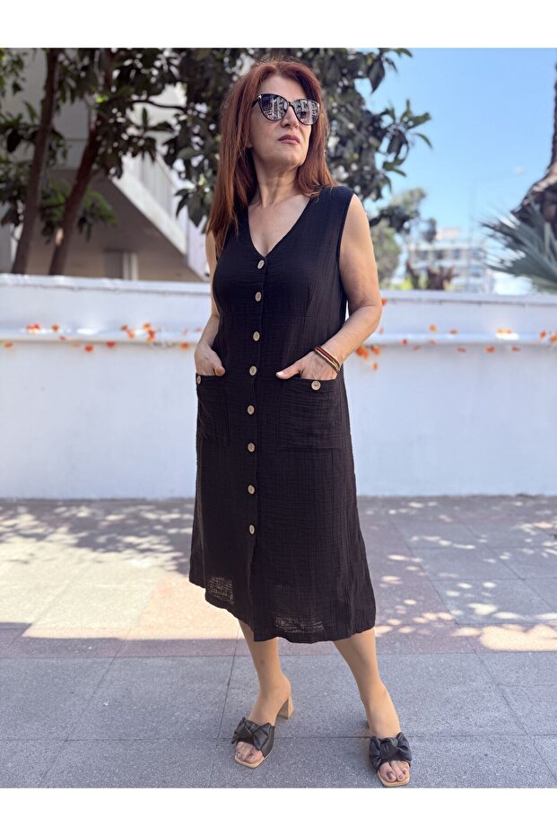 Muslin Sleeveless Double Pocket Dress Black