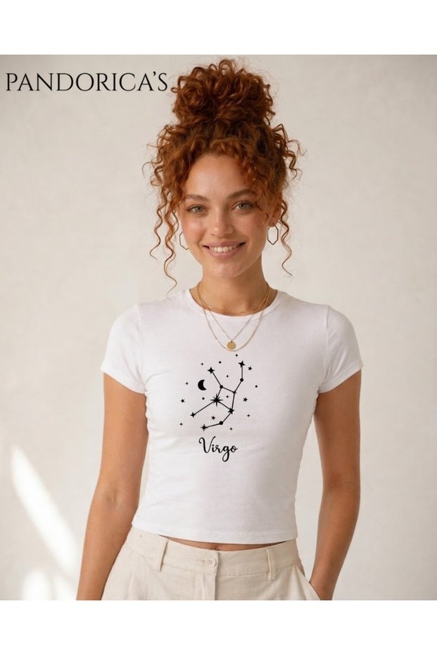 Pandorica's Astrology & Zodiac Series - Virgo Zodiac Constellation Printed Slim Fit Lycra Crop T-Shirt (Body Tee)
