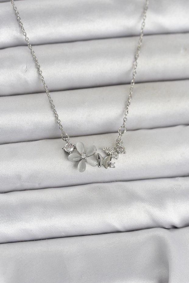 316L Steel Chain Silver Color Flower and Butterfly Model Women's Necklace