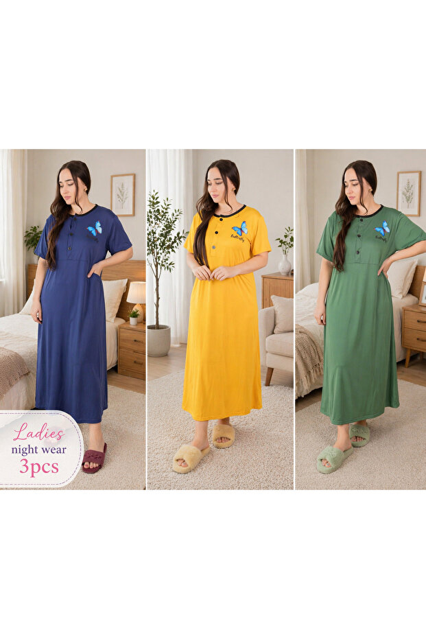 Solid Nightwear Maxi Dress 3 Pcs Combo Set, Blue, Green & Yellow