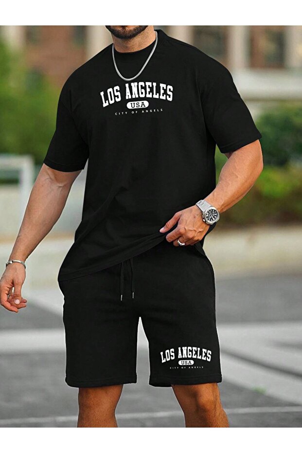 Oversize Black Shorts and T-Shirt Set - Cotton Relaxed Fit
