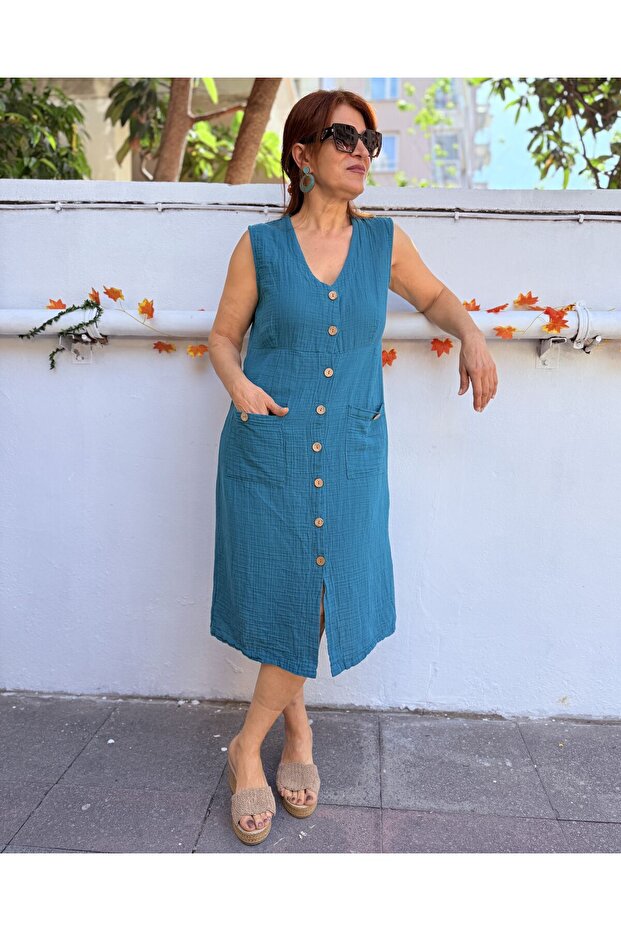 Muslin Sleeveless Double Pocket Dress Petrol Blue