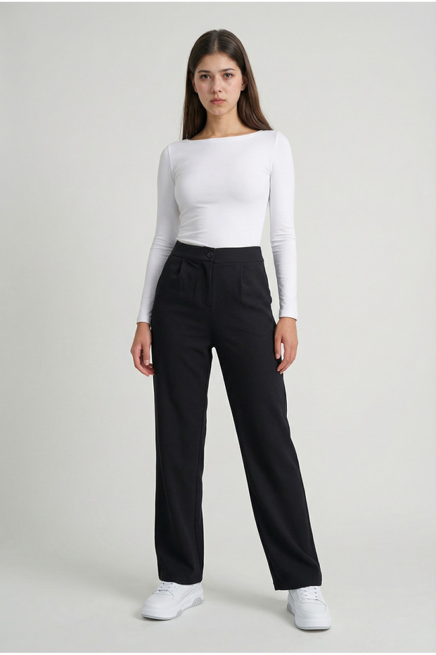 Black High Waist Lycra Palazzo Trousers with Pockets and Buttons, Wide Legs