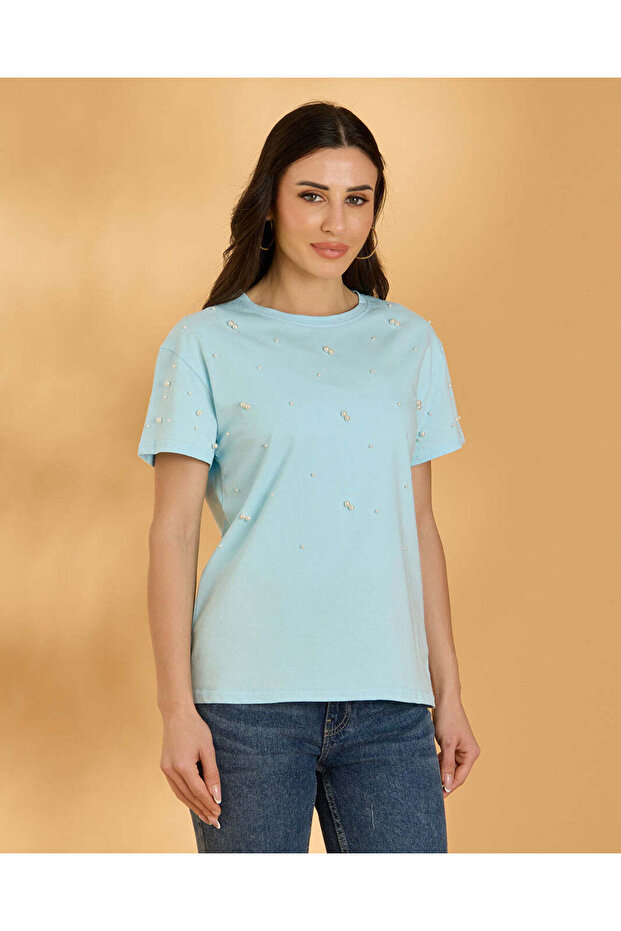 Women Blue Embellished Casual T Shirt