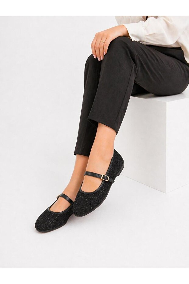 Black Buckle Tweed Fabric Women's Ballerinas Daily Comfortable Stylish Useful Ballerinas