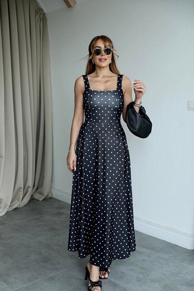 Buketli̇ Women's Belted Square Collar Thick Strap Long Dress