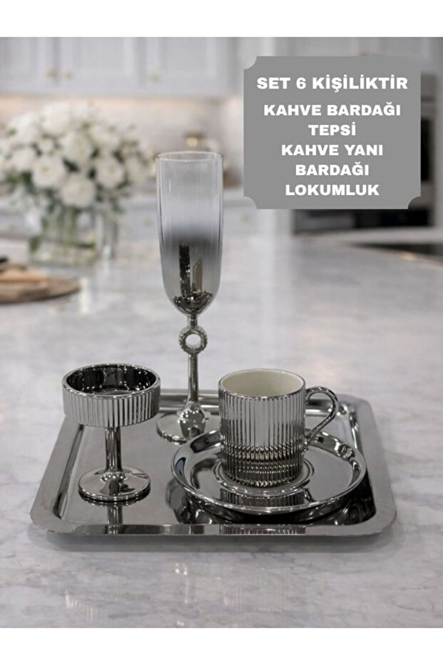 6-Person Silver Coffee Presentation Set – Silver Coffee Cup, Turkish Coffee Bowl, Coffee Saucer and Tray - Luxury Coffee Set