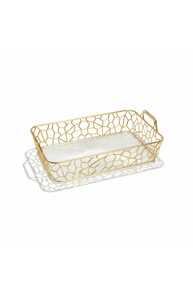 Rectangular Plastic Storage Tray – 30×19×6 cm (Gold & Transparent)