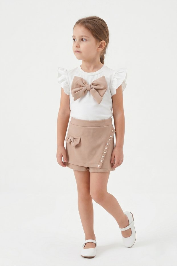 Girl's Bow Detailed Shorts and Skirt Ruffle Sleeve 2-Piece Set