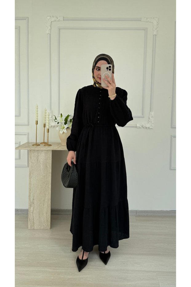 Molly Nelly Women's Button Detailed Long Muslin Dress