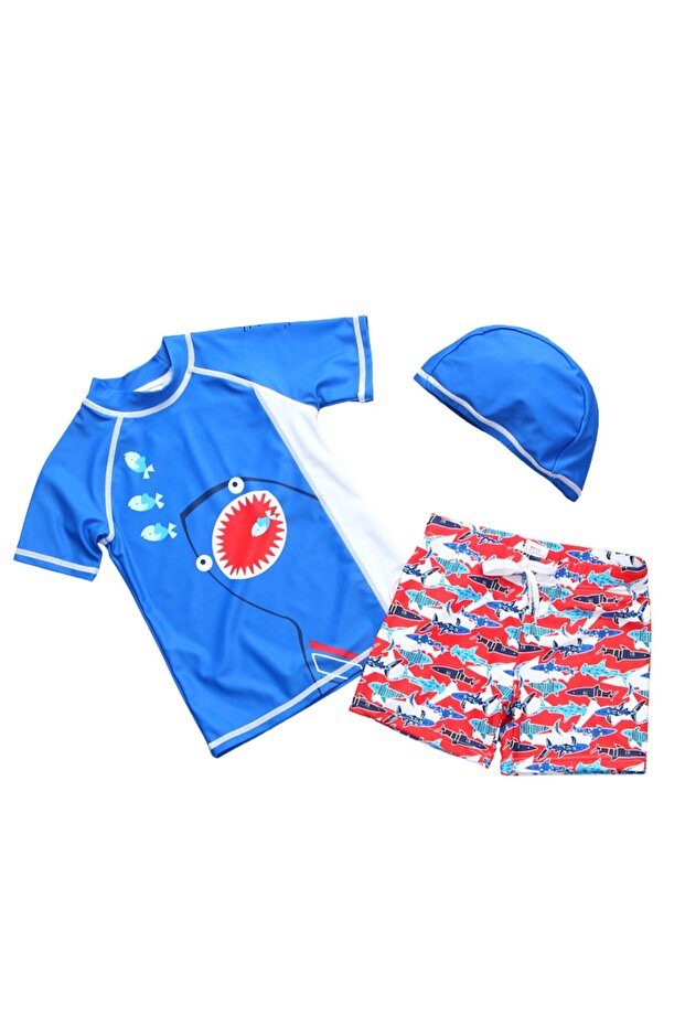 Up50+ Blue White Red Shark Pattern Red Shorts 3-Piece T-Shirt Hat Swimsuit Set
