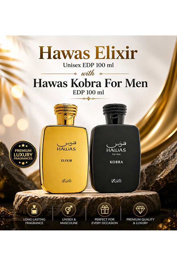 Hawas Elixir Unisex EDP 100 ml with Hawas Kobra For Men EDP 100 ml – Premium Combo Set
