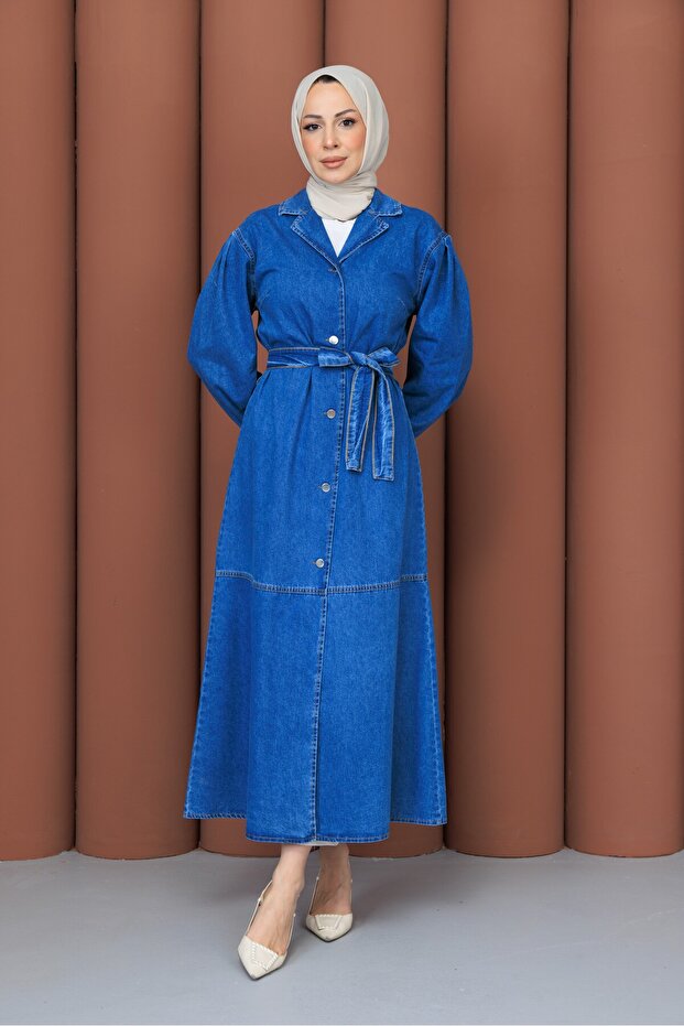 Women's Double Collar Buttoned Slit Denim Dress-Cap