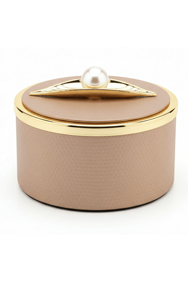 Beige Metal Candy Box with Faux Leather Finish & Lid – Modern Decorative Storage Box 15×8 cm