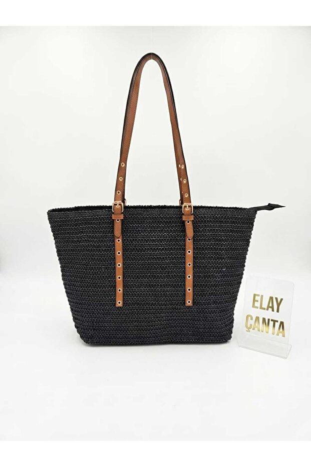 Women's Original Black Straw Shoulder Bag Large Size Adjustable Strap Zipper Closure Daily Use
