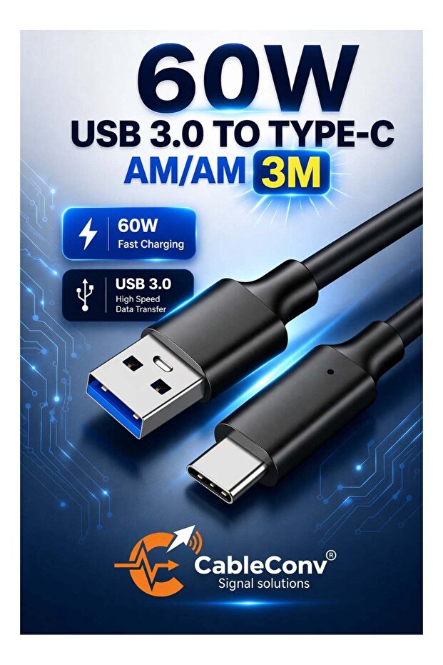 كابل USB 3.0 إلى Type-C بقوة 60 واط، AM/AM، 3 أمتار، للشحن السريع ونقل البيانات عالي السرعة