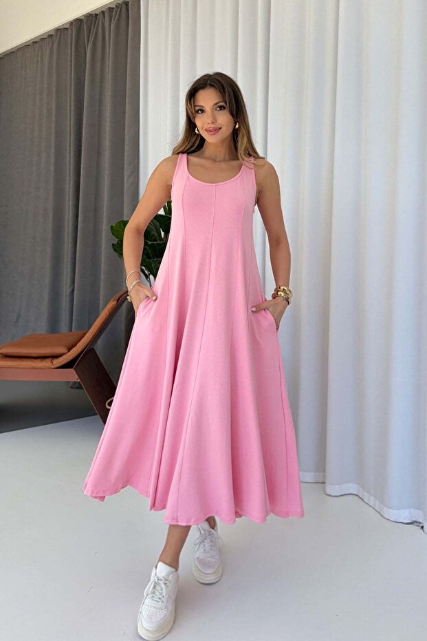 Thick Strapped Modal Fabric Women's Midi Dress - Pink