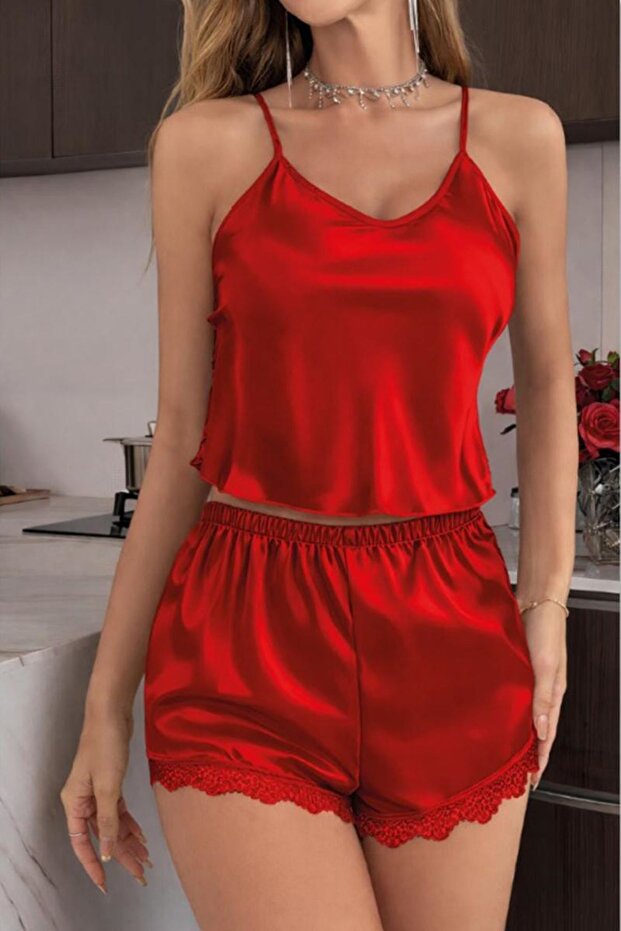 Satin Shorts Nightgown Set with Rope Straps Red