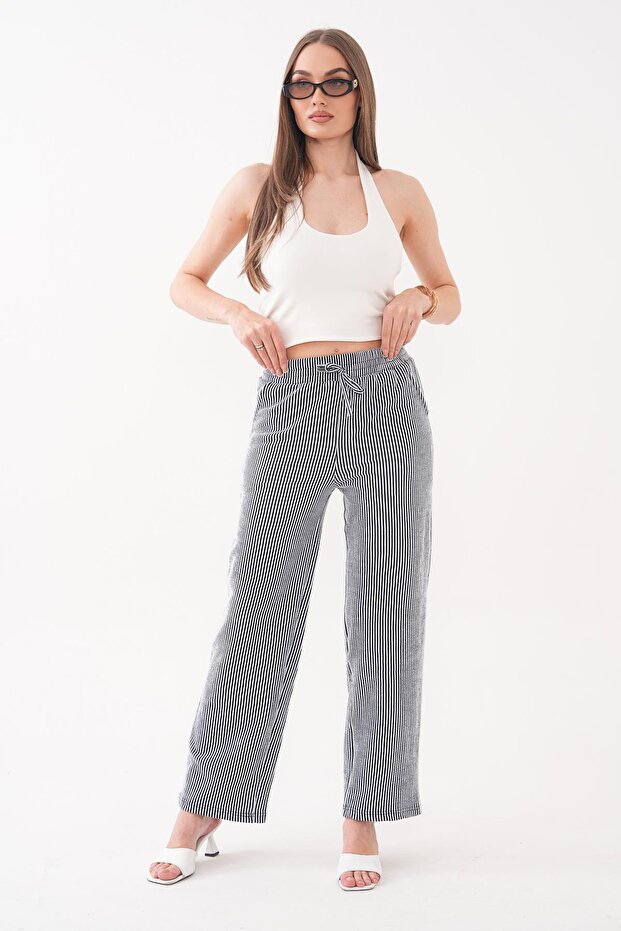 Women's Striped Patterned Wide Leg Trousers with Pockets 260284 -