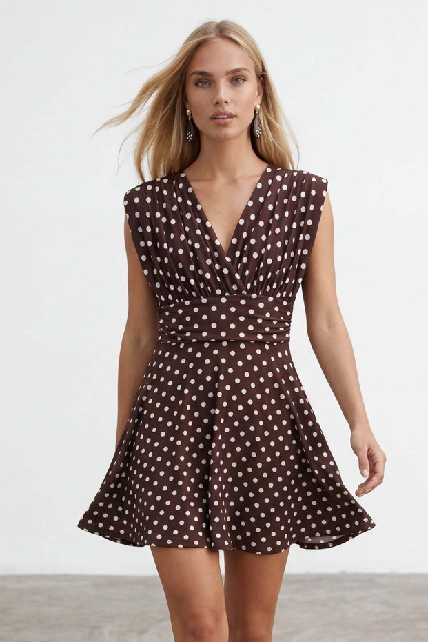 Women's Brown Polka Dot V-Neck Flared Dress with Corset Detail at the Waist Alc-X12153
