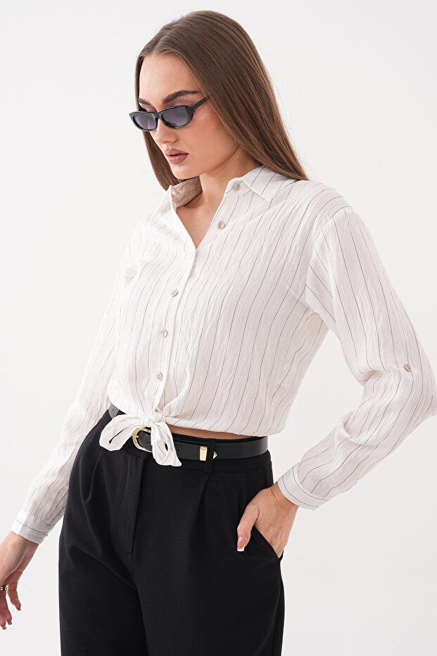 Women's Front Tie Detailed Striped Shirt 260503 -