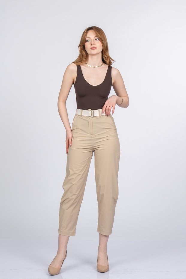 Women's Summer Beige Alviera Parachute Fabric Ankle Length Trousers Stylish Daily Comfortable 30373