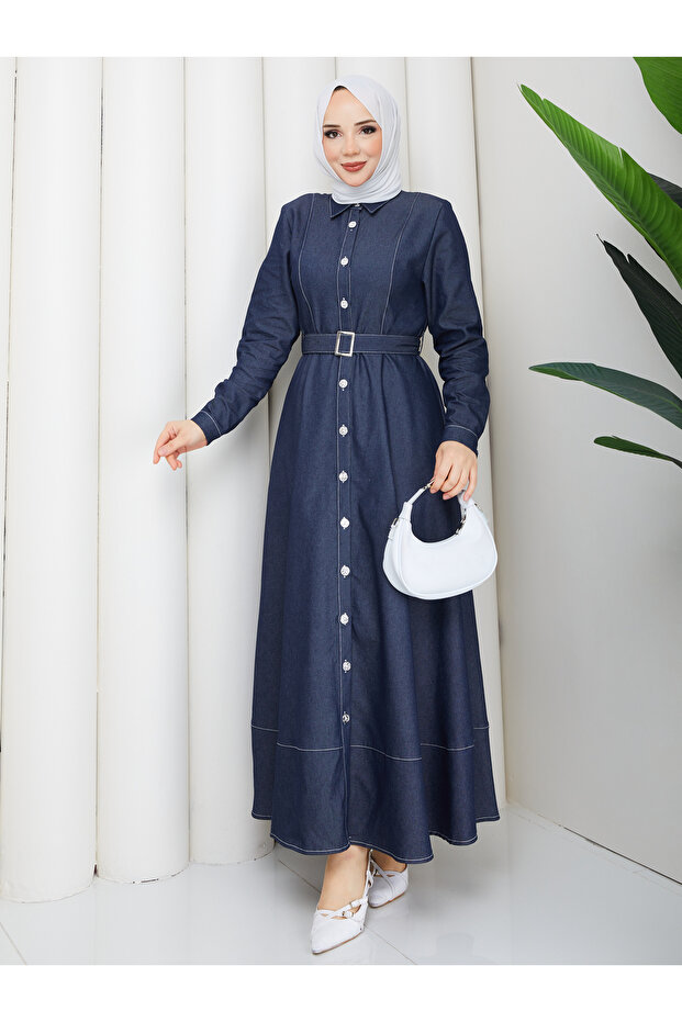 Button Detailed Denim Jeans Hijab Dress Rc6037
