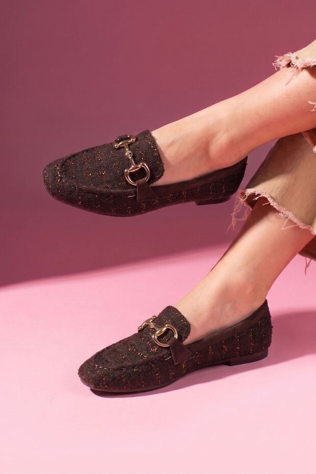 Alita Brown Glittery Fabric Loafer Ballet Flats with Gold Buckle