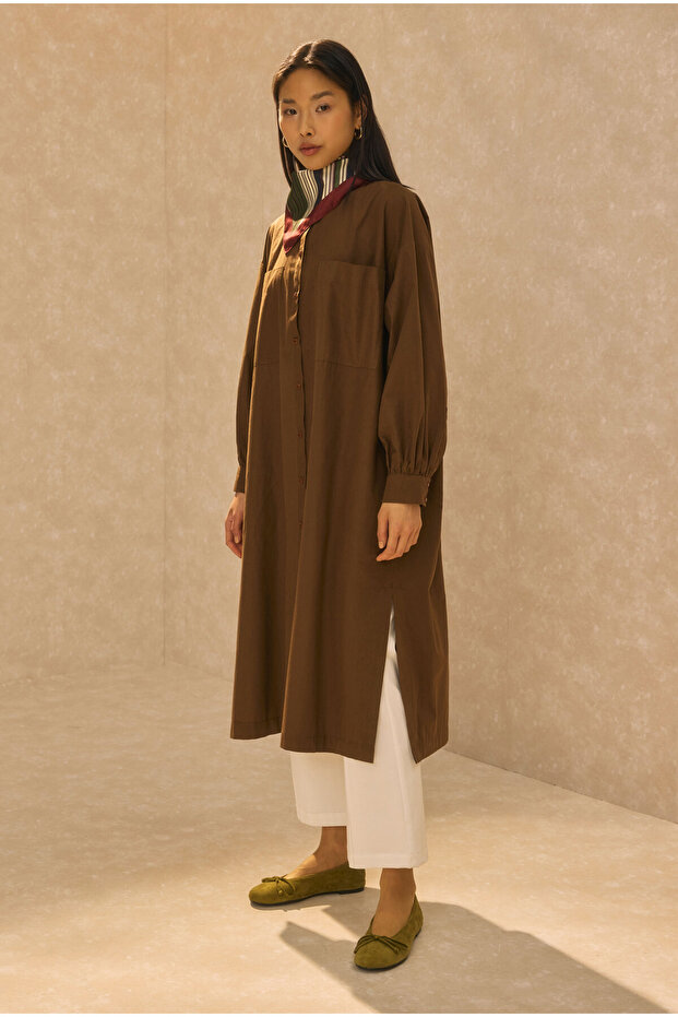 Hakim Collar Long Tunic Brown
