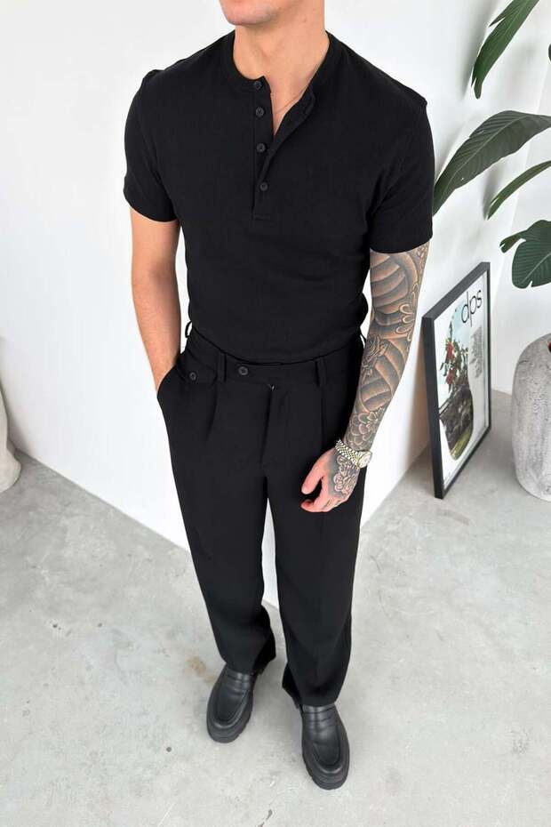 Black Premium Ribbed Buttoned Collar Relax Fit Short Sleeve T-Shirt
