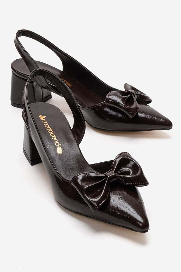 Women's Bow-Tie Side and Open-Back Heeled Sandals Brown Wrinkled
