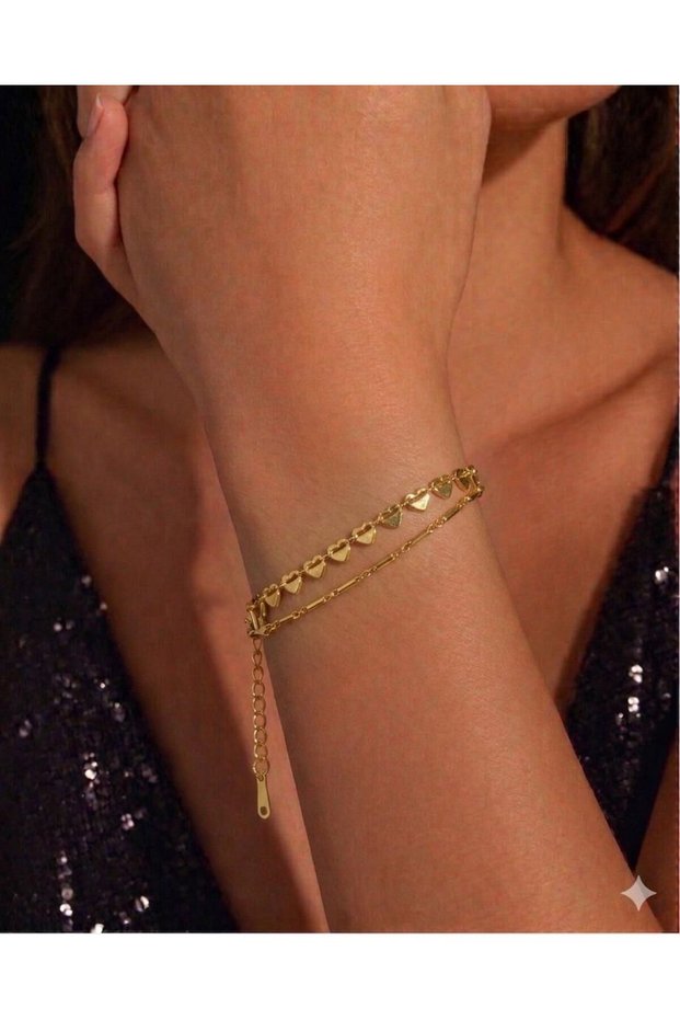 316L Steel Gold Color Double Chain Heart Bracelet (17+4cm)